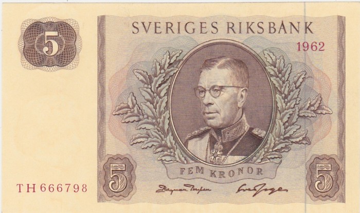 Suedia 5 kronor coroane 1962 UNC