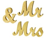Cumpara ieftin Decor pentru nunta cu Mr and Mrs (Domn si Doamna), din lemn, cu sclipici auriu - RESIGILAT
