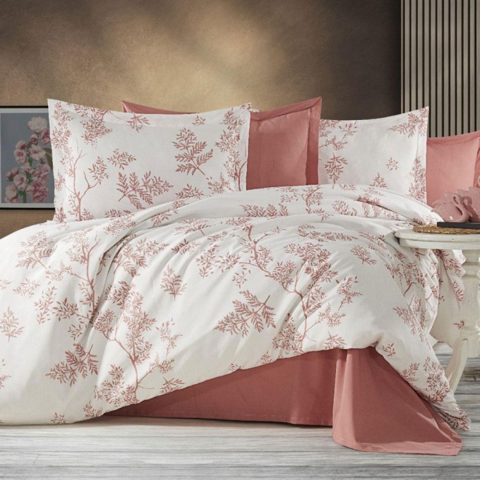 Lenjerie pat dublu,bumbac ranforce,4 piese,alba caramiziu cu flori,RNFN251