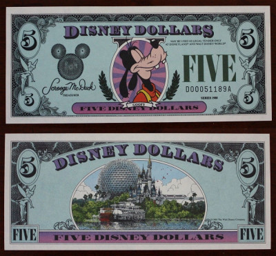 DISNEYLAND █ bancnota █ 5 Disney Dollars █ 1988 █ Goofy █ UNC █ necirculata foto