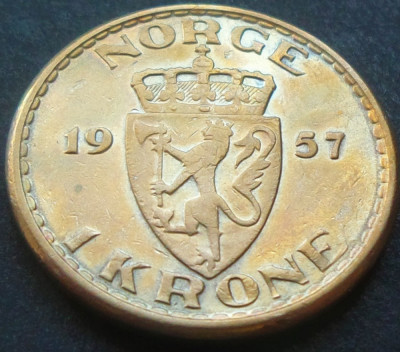 Moneda 1 COROANA / KRONE - NORVEGIA, anul 1957 *cod 1388 B = patina frumoasa! foto