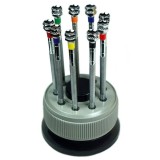 Set 9 Șurubelnițe Profesionale pentru Ceasornicărie &ndash; Suport Rotativ Acril &ndash;