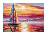 Tablou rasarit de soare cu velier pictat manual, 70x50cm ulei pe panza in cutit efect 3D, Leo Covaci