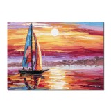 Tablou rasarit de soare cu velier pictat manual, 70x50cm ulei pe panza in cutit efect 3D, Leo Covaci