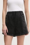 Adidas Originals pantaloni scurți jeans Firebird femei, culoarea negru, cu imprimeu, high waist, JD3107