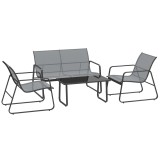 Outsunny Set Mobilier de Grădină din 4 Piese, cu Bancă de Exterior cu 2 Locuri, 2 Scaune și Măsuță de Cafea cu Blat din Sticlă Securizată, Set Mobilie