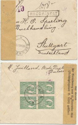 ROMANIA 1921 plic spre Germania cu Ferdinand 1 Leu bloc de 4 si control bancar foto