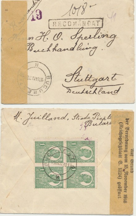 ROMANIA 1921 plic spre Germania cu Ferdinand 1 Leu bloc de 4 si control bancar