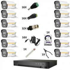 Sistem de supraveghere Hikvision cu 16 camere Poc, ColorVu 8 Megapixeli, Color Noaptea, 40m, DVR 16 canale 8 Megapixeli, Hard, Accesorii SafetyGuard S