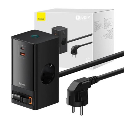 Prelungitor Priza Shuko, USB, 2xType-C, 65W - Baseus PowerCombo (PSLR000301) - Black foto