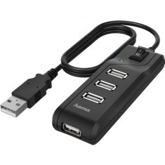 Hub Hama 4 porturi USB 2.0, 480 Mbit/s, comutator pornit/oprit