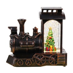 Decoratiune de craciun tip locomotiva, flippy, glob de cristal cu fulgi de zapada, model pom de craciun, iluminare led, 11.5 x 12.5 x 6 cm, carcasa vi