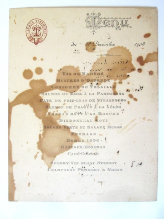 Rar! Meniu Anul Nou 1906 de la Clubul Tinerimei Bucuresti