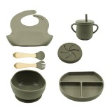 Set 8 piese diversificare bebelusi si copii din silicon eMazing, baveta, farfurie compartimentata cu ventuza, bol cu ventuza, tacamuri din lemn si sil