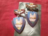2 Insigne-Titlu - Fruntas in gospodarirea orasului 1970 si1972 , metal si email , h=3,7cm