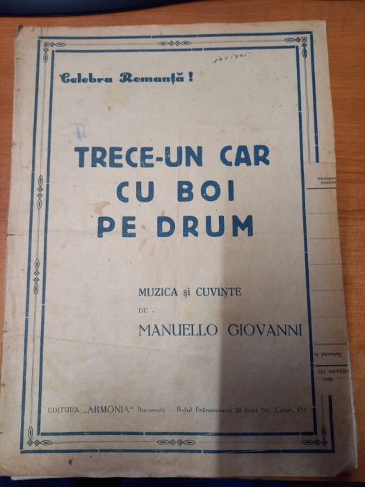 AS - PARTITURA - MANUELLO GIOVANNI - TRECE-UN CAR CU BOI PE DRUM, pt voce si pian