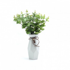 Aranjament floral decorativ, vaza din ceramica 14 cm si floare artificiala, alb foto