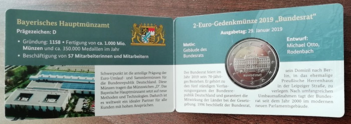 GERMANIA - 2 Euro 2019 D (Munchen) &quot;Bundesrat&quot; - blister Numismata - tiraj 1000