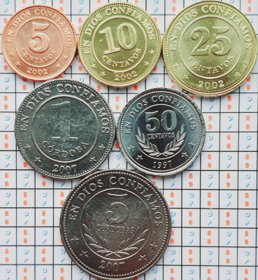 01B31 Nicaragua set 6 monede 5, 10, 25, 50 Centavos, 1, 5 Cordobas 1997-2007 UNC foto