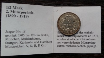 (A88) MONEDA DIN ARGINT GERMANIA - 1/2 MARK 1918, LIT., F, MATRITA SPARTA foto
