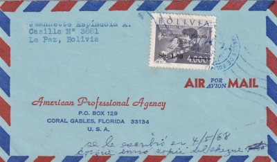 FILATELIE TEMATICA - PLIC BOLIVIA TEMATICA AVION AVIOANE AVIATIE AIRMAIL foto
