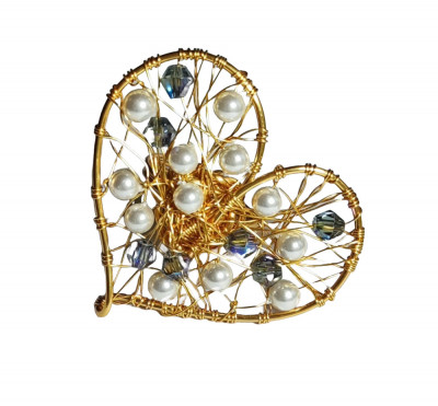 B265. Inel inimioara cu Perle tip Mallorca, fir metalic auriu, Alba, 4 cm foto