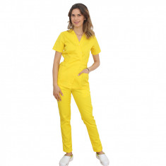 Costum medical galben, cu bluza tip kimono si pantaloni galben cu elastic M INTL foto