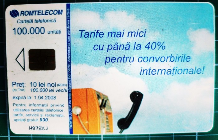 Cartela telefonica Romtelecom 10 lei noi 100.000 lei vechi Tarife mai mici H972XJ 100.000 unitati exp. 01.04.2008 In contact cu lumea prin ROMTELECOM