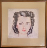 Portret Fată, Panteli Stanciu, 30x30cm, Pictură Originală, Creioane Colorate, Artă Rom&acirc;nească, Tablou cu Ramă 47x47cm