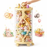Organizator Jucarii Cilindric Transparent cu Rotire 360&deg;, 93 cm Inaltime, 27 cm Latime, Suport pe Roti pentru Depozitare Plusuri, Inchidere cu Fermoar
