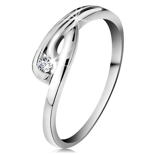Inel din aur alb 14K - diamant transparent, brațe ondulate și crestate - Marime inel: 50