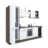 Mobilă de bucătărie Yorki 270, corp din stejar Yorki, față alb satinat, element cuptor inferior, frigider congelator inferior
