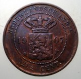 E.064 INDIILE OLANDEZE NETHERLANDS EAST INDIES 2 1/2 CENTS 1907, Australia si Oceania, Cupru (arama)