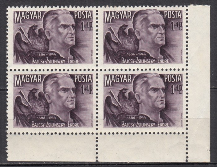 UNGARIA 1945 ENDRE BAJCSY-ZSYLINSZKY BLOC DE 4 TIMBRE MNH