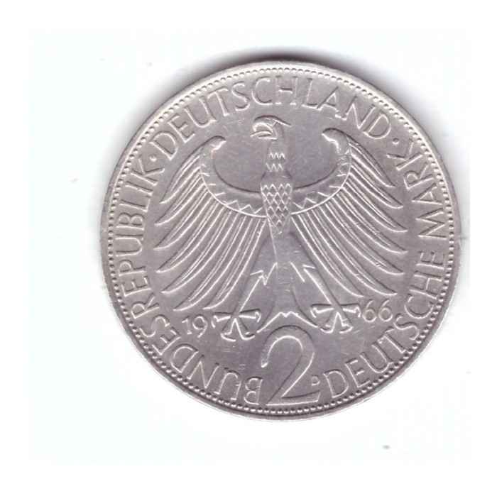 Moneda Germania 2 mark/marci 1966 D, Max Planck, stare buna, curata