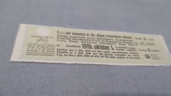 CUPOANE DE TREZORERIE CU REDUCERE 1919 UNGARIA