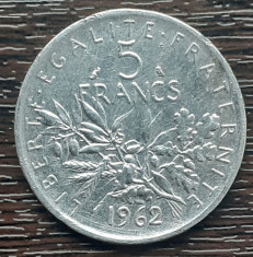 (A1029) MONEDA DIN ARGINT FRANTA - 5 FRANCS 1960, SEMANATOAREA, 12 GRAME, AG 835 foto