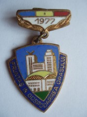 ROMANIA - INSIGNA FRUNTAS IN GOSPODARIREA ORASULUI, 1977, RSR, IM1.170