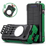 Baterie externă solară 40000mAh Linomag&reg;, 4 porturi USB, 4 cabluri integrate, 4 metode de incarcare, Lanternă LED, Busolă și Termometru, Verde
