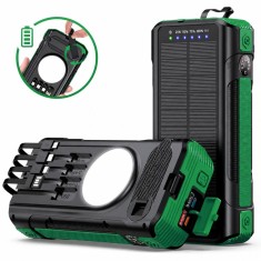 Baterie externă solară 40000mAh Linomag&reg;, 4 porturi USB, 4 cabluri integrate, 4 metode de incarcare, Lanternă LED, Busolă și Termometru, Verde