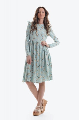 Rochie scurta cu imprimeu floral, maneci lungi si buzunare foto