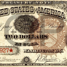 2 dolari 1890 Reproducere Bancnota USD , Dimensiune reala 1:1