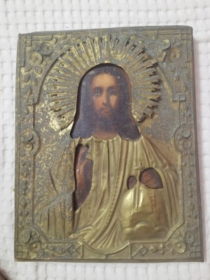 Icoană veche ulei pe lemn, ferecată &amp;icirc;n alamă foto