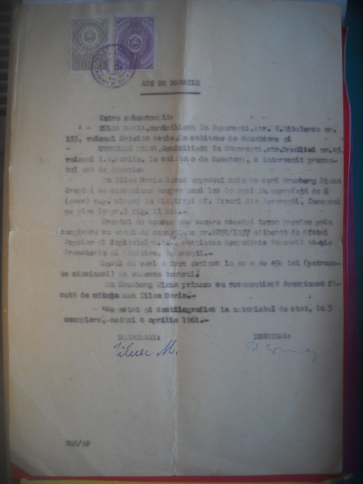 HOPCT DOCUMENT VECHI NR 291 ACT DE DONATIE 1961 BUCURESTI