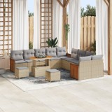 Set canapea gradina Gossi cu perne, bej, rattan poli, acacia, set dining gradina Gossi cu 3 piese si perne, bej, rattan poli, acacia