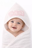 Prosop bebelusi alb cu gluga si aplicatie baby roz, bumbac moale, potrivit