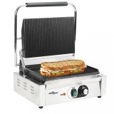Grill Panini Profesional vidaXL 2200W, Striații, 43x30.5x20cm, Inox + Fonta, Termostat, Tava Colectare, Argintiu/Negru