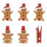 Set Clame Decorative Crăciun, Model Gingerbread și Om de Zăpadă, Roșu, 6 Bucăți, Lemn și Fetru, Oem