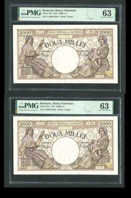 q598 PERECHE CONSECUTIVA 2000 LEI 1941 NECIRCULATA UNC GRADATA PMG 63 foto