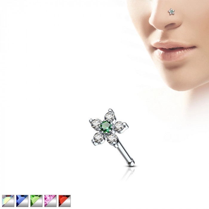 Piercing nas drept din oțel 316L - floare sclipitoare din zirconii, zirconiu colorat &icirc;n centru - Culoare zirconiu piercing: Auriu - transparent